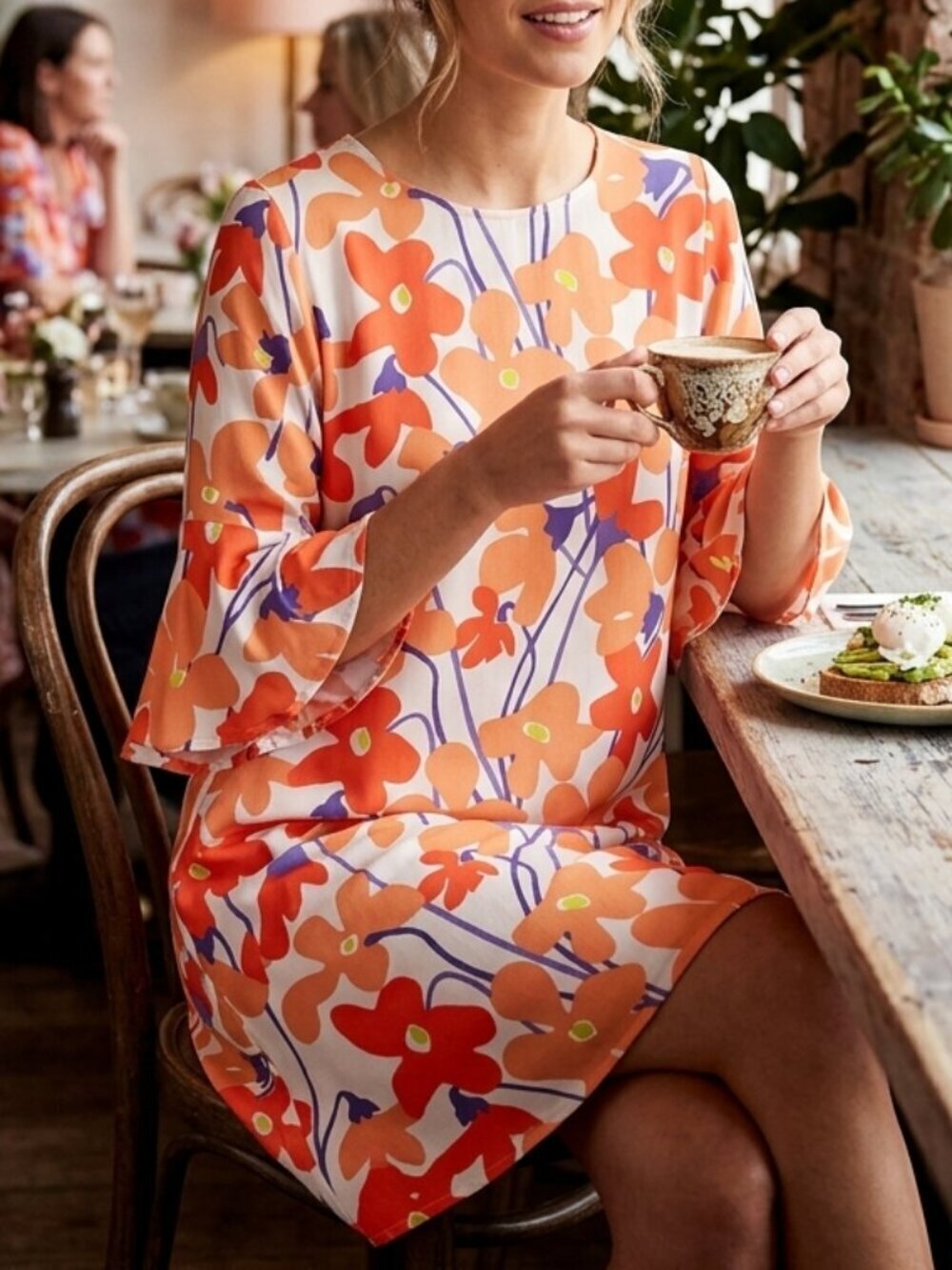Mister Zimi Peggy Dress Size 8 Orange Floral Viscose Bell Sleeves Mod Summer